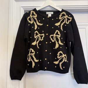 VINTAGE RAMIE CARDIGAN BLACK GOLD BOWS SMALL CUTE